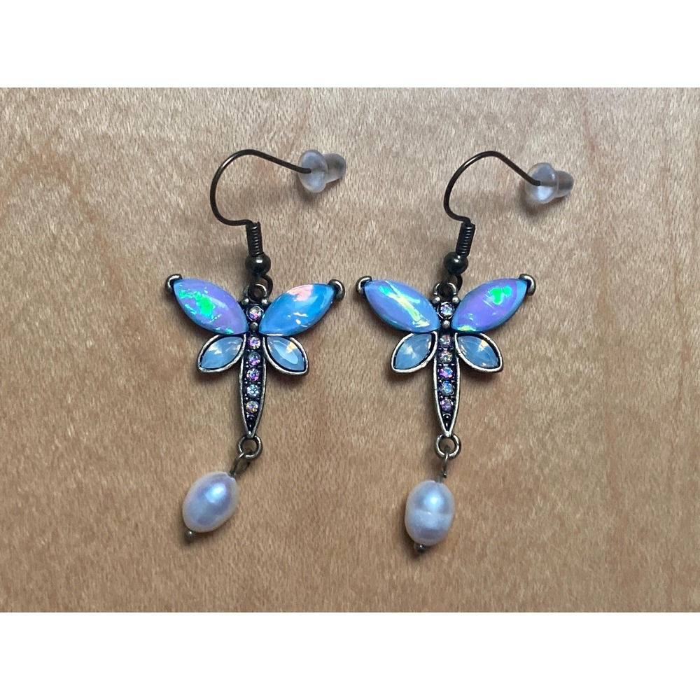 Dragonfly Earrings Insect Opal Imitation Glass Pearls Wings Rhinestones  Blue